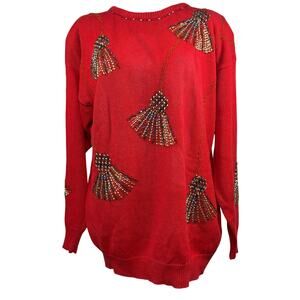 Vintage 80s Womens Medium Victoria Harbour Red Beaded Sweater Shoulder Pads